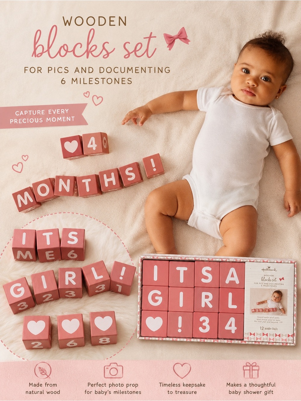 Hallmark "IT'S A GIRL" wooden blocks, announcements, milestones NWT